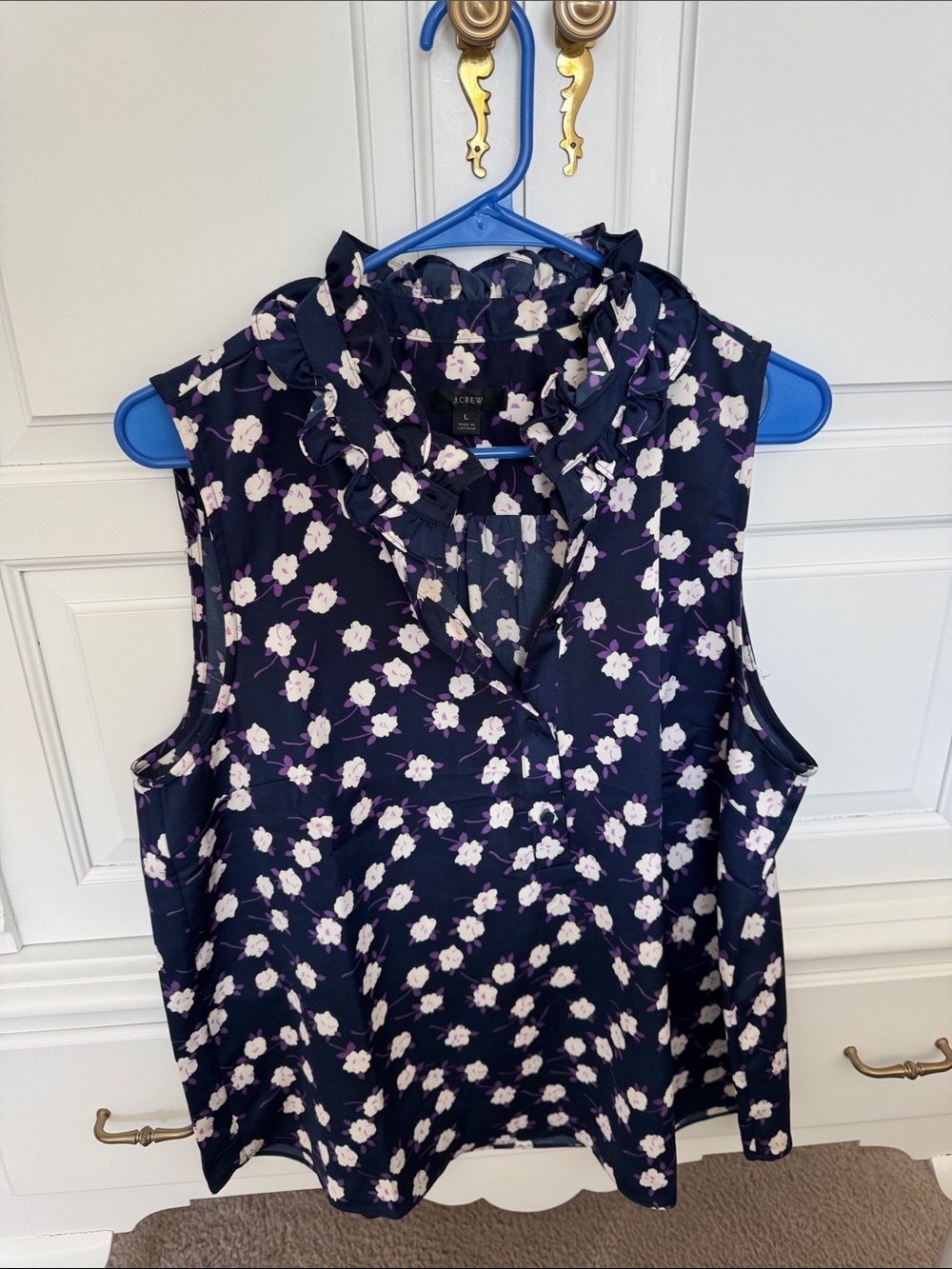 J. Crew Navy Floral Ruffle V-Neck Sleeveless Camisole